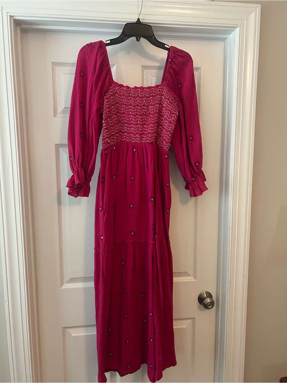 Smocked Fuchsia Midi Dress with Puff Sleeves